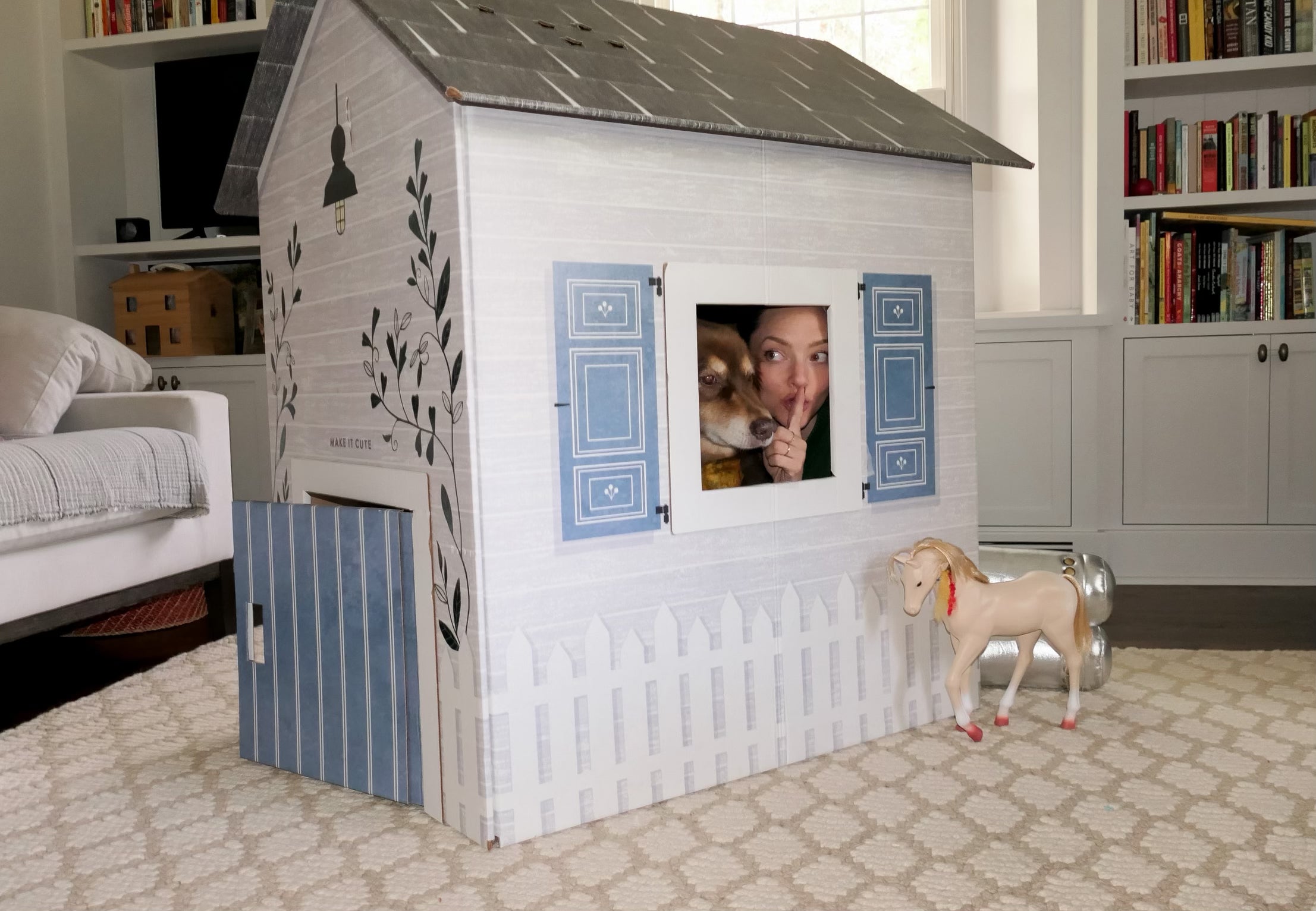 Cozy Coastal Cottage Playhouse Gray with Blue Shutters White